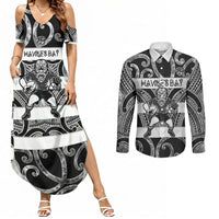 Hawke's Bay Custom Rugby New Zealand Couples Matching Summer Maxi Dress and Long Sleeve Button Shirt Aotearoa Maori Pukana Tiki Mascot