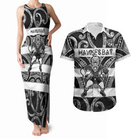 Hawke's Bay Custom Rugby New Zealand Couples Matching Tank Maxi Dress and Hawaiian Shirt Aotearoa Maori Pukana Tiki Mascot