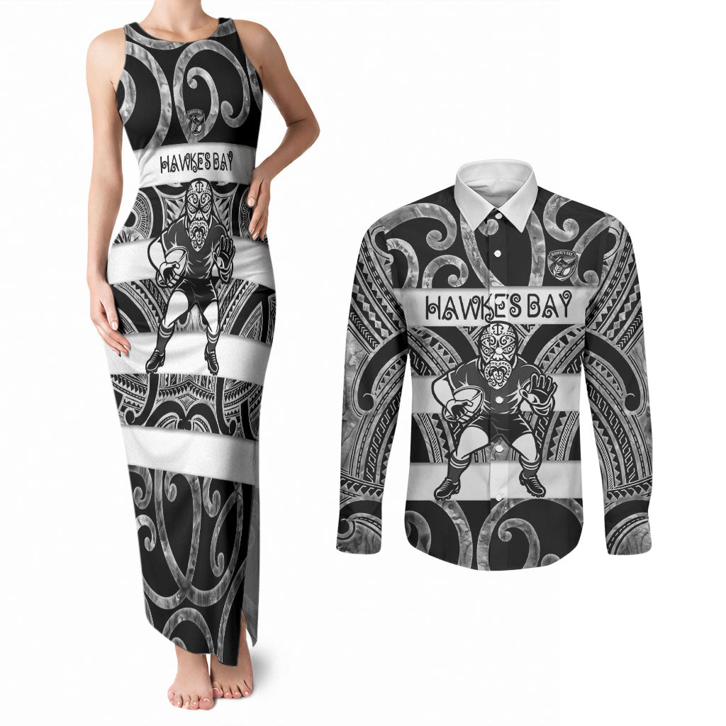 Hawke's Bay Custom Rugby New Zealand Couples Matching Tank Maxi Dress and Long Sleeve Button Shirt Aotearoa Maori Pukana Tiki Mascot
