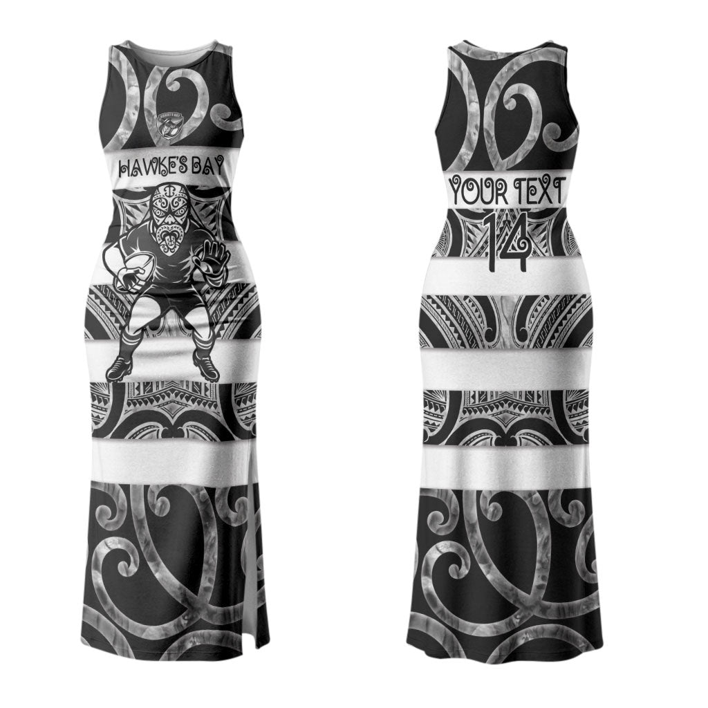 Hawke's Bay Custom Rugby New Zealand Couples Matching Tank Maxi Dress and Long Sleeve Button Shirt Aotearoa Maori Pukana Tiki Mascot