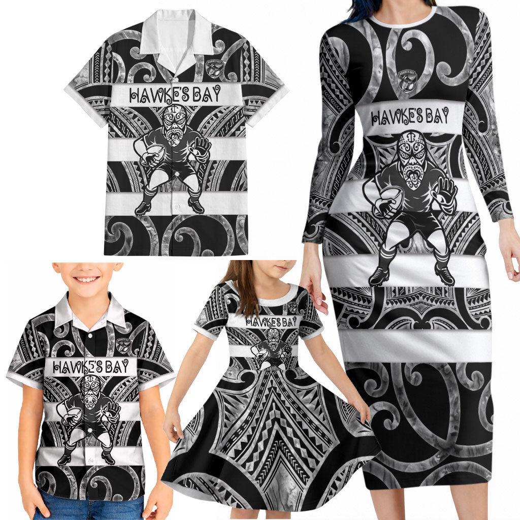 Hawke's Bay Custom Rugby New Zealand Family Matching Long Sleeve Bodycon Dress and Hawaiian Shirt Aotearoa Maori Pukana Tiki Mascot