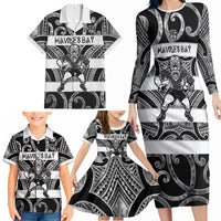 Hawke's Bay Custom Rugby New Zealand Family Matching Long Sleeve Bodycon Dress and Hawaiian Shirt Aotearoa Maori Pukana Tiki Mascot
