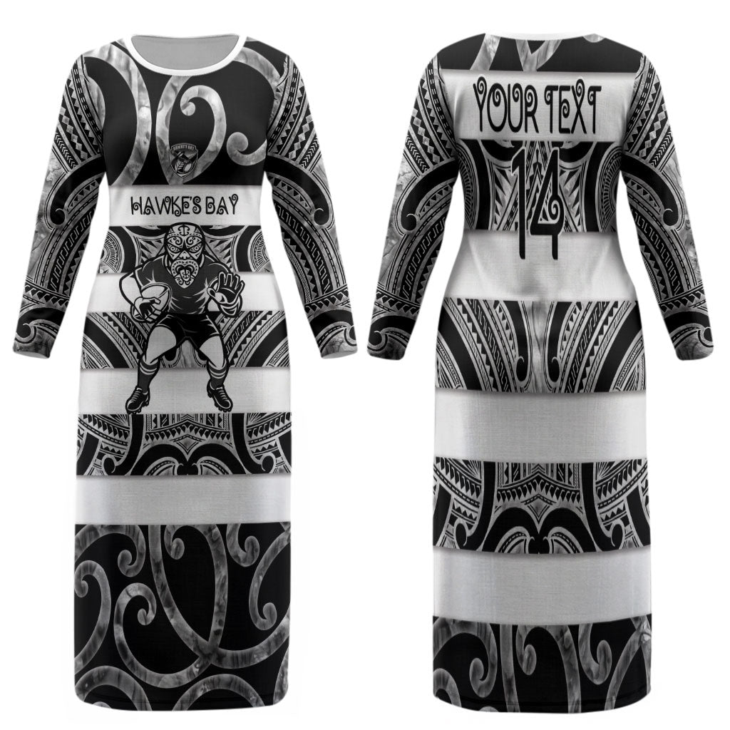 Hawke's Bay Custom Rugby New Zealand Family Matching Long Sleeve Bodycon Dress and Hawaiian Shirt Aotearoa Maori Pukana Tiki Mascot