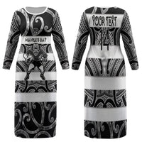 Hawke's Bay Custom Rugby New Zealand Family Matching Long Sleeve Bodycon Dress and Hawaiian Shirt Aotearoa Maori Pukana Tiki Mascot