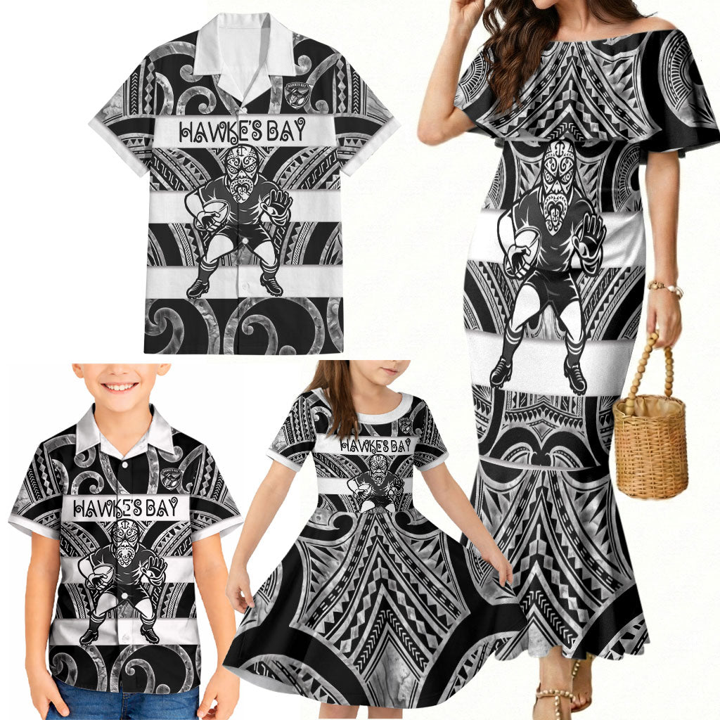 Hawke's Bay Custom Rugby New Zealand Family Matching Mermaid Dress and Hawaiian Shirt Aotearoa Maori Pukana Tiki Mascot