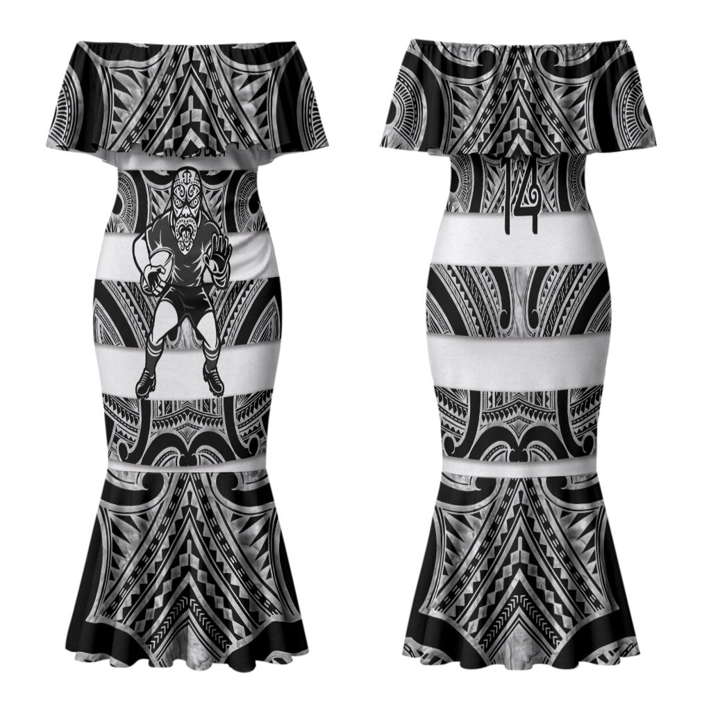 Hawke's Bay Custom Rugby New Zealand Family Matching Mermaid Dress and Hawaiian Shirt Aotearoa Maori Pukana Tiki Mascot