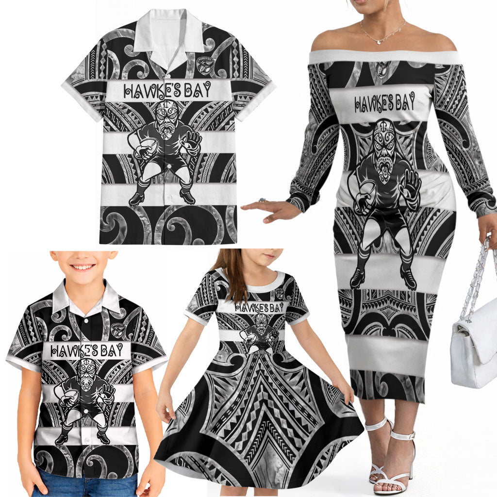 Hawke's Bay Custom Rugby New Zealand Family Matching Off The Shoulder Long Sleeve Dress and Hawaiian Shirt Aotearoa Maori Pukana Tiki Mascot