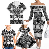 Hawke's Bay Custom Rugby New Zealand Family Matching Off The Shoulder Long Sleeve Dress and Hawaiian Shirt Aotearoa Maori Pukana Tiki Mascot