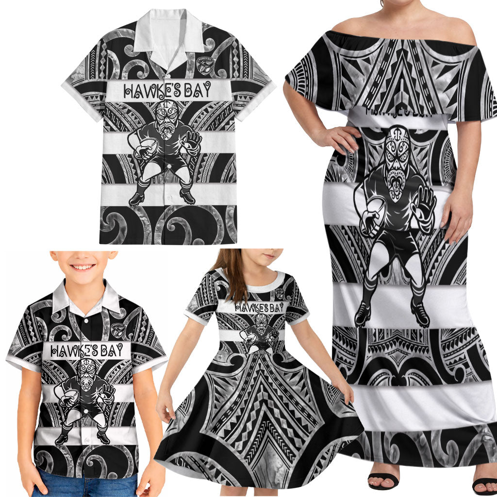 Hawke's Bay Custom Rugby New Zealand Family Matching Off Shoulder Maxi Dress and Hawaiian Shirt Aotearoa Maori Pukana Tiki Mascot