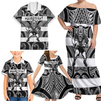 Hawke's Bay Custom Rugby New Zealand Family Matching Off Shoulder Maxi Dress and Hawaiian Shirt Aotearoa Maori Pukana Tiki Mascot