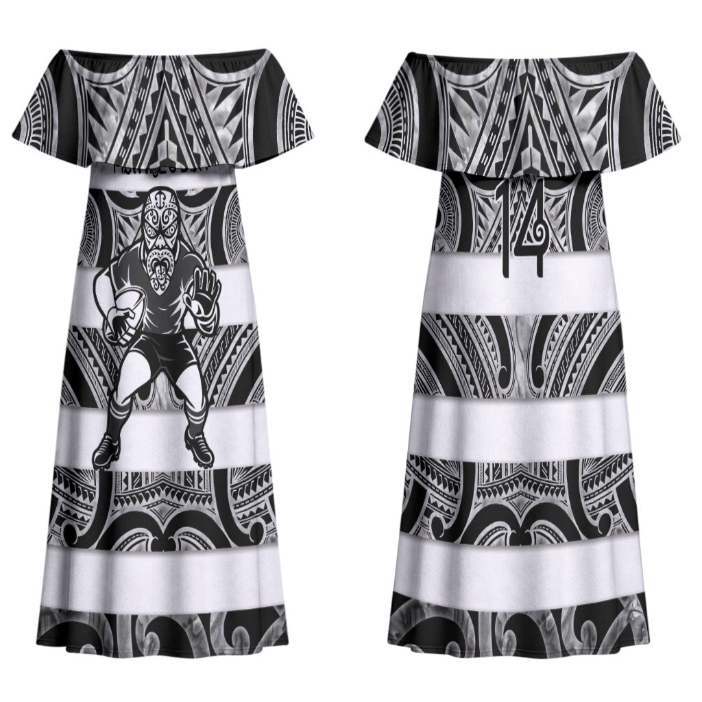 Hawke's Bay Custom Rugby New Zealand Family Matching Off Shoulder Maxi Dress and Hawaiian Shirt Aotearoa Maori Pukana Tiki Mascot