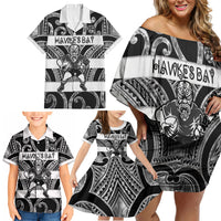 Hawke's Bay Custom Rugby New Zealand Family Matching Off Shoulder Short Dress and Hawaiian Shirt Aotearoa Maori Pukana Tiki Mascot