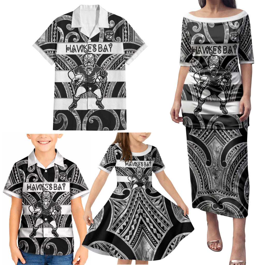 Hawke's Bay Custom Rugby New Zealand Family Matching Puletasi and Hawaiian Shirt Aotearoa Maori Pukana Tiki Mascot