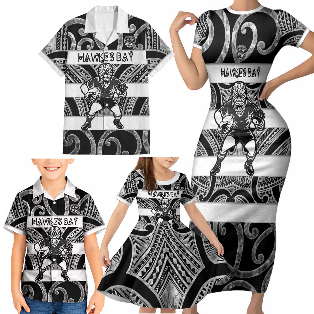 Hawke's Bay Custom Rugby New Zealand Family Matching Short Sleeve Bodycon Dress and Hawaiian Shirt Aotearoa Maori Pukana Tiki Mascot