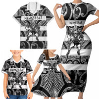 Hawke's Bay Custom Rugby New Zealand Family Matching Short Sleeve Bodycon Dress and Hawaiian Shirt Aotearoa Maori Pukana Tiki Mascot
