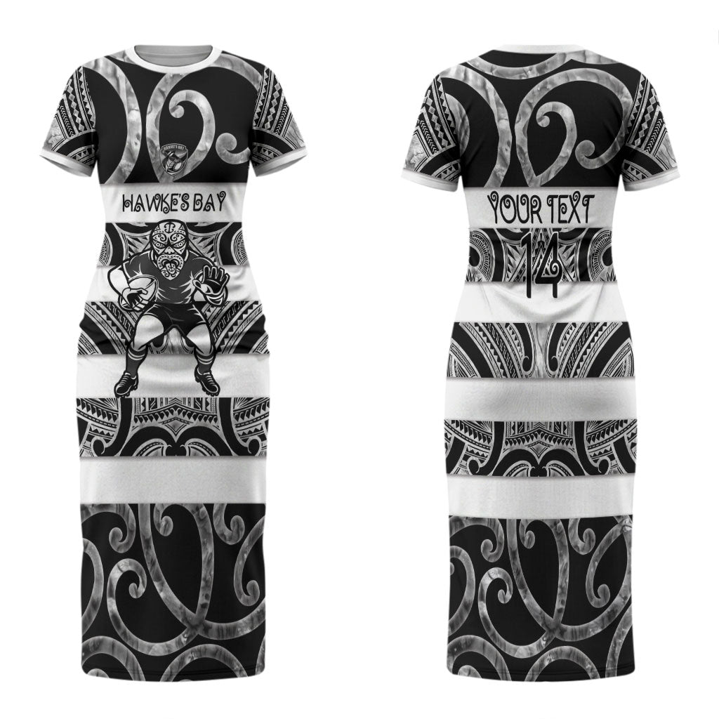 Hawke's Bay Custom Rugby New Zealand Family Matching Short Sleeve Bodycon Dress and Hawaiian Shirt Aotearoa Maori Pukana Tiki Mascot