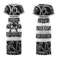 Hawke's Bay Custom Rugby New Zealand Family Matching Short Sleeve Bodycon Dress and Hawaiian Shirt Aotearoa Maori Pukana Tiki Mascot