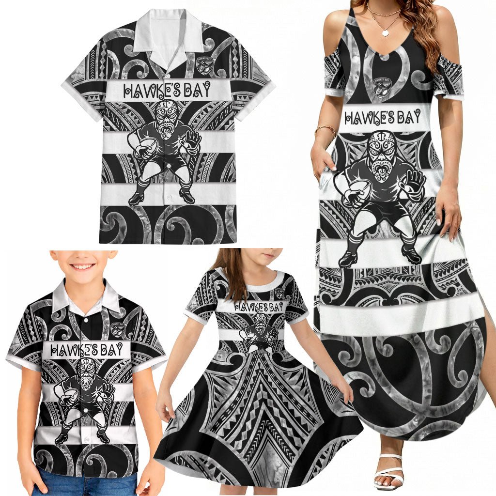 Hawke's Bay Custom Rugby New Zealand Family Matching Summer Maxi Dress and Hawaiian Shirt Aotearoa Maori Pukana Tiki Mascot
