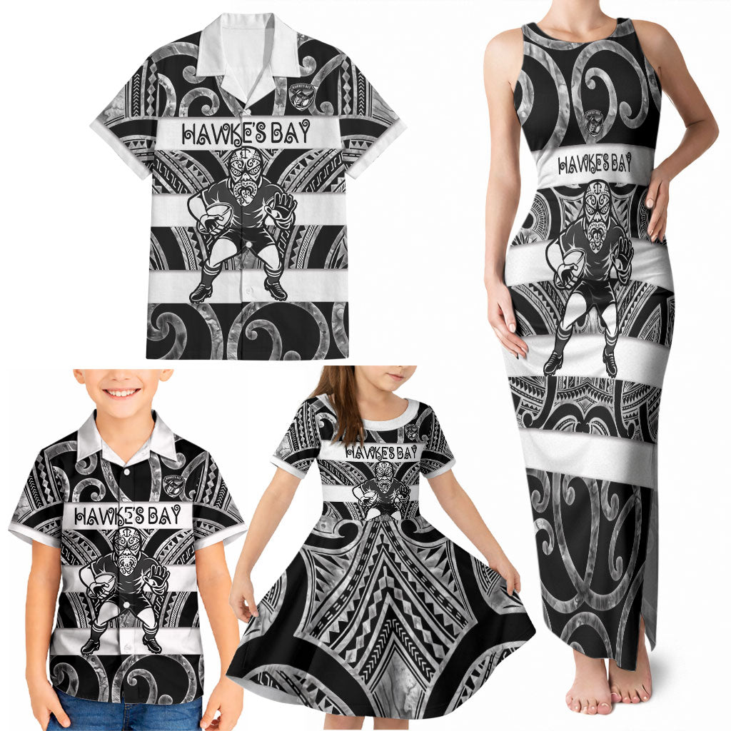 Hawke's Bay Custom Rugby New Zealand Family Matching Tank Maxi Dress and Hawaiian Shirt Aotearoa Maori Pukana Tiki Mascot