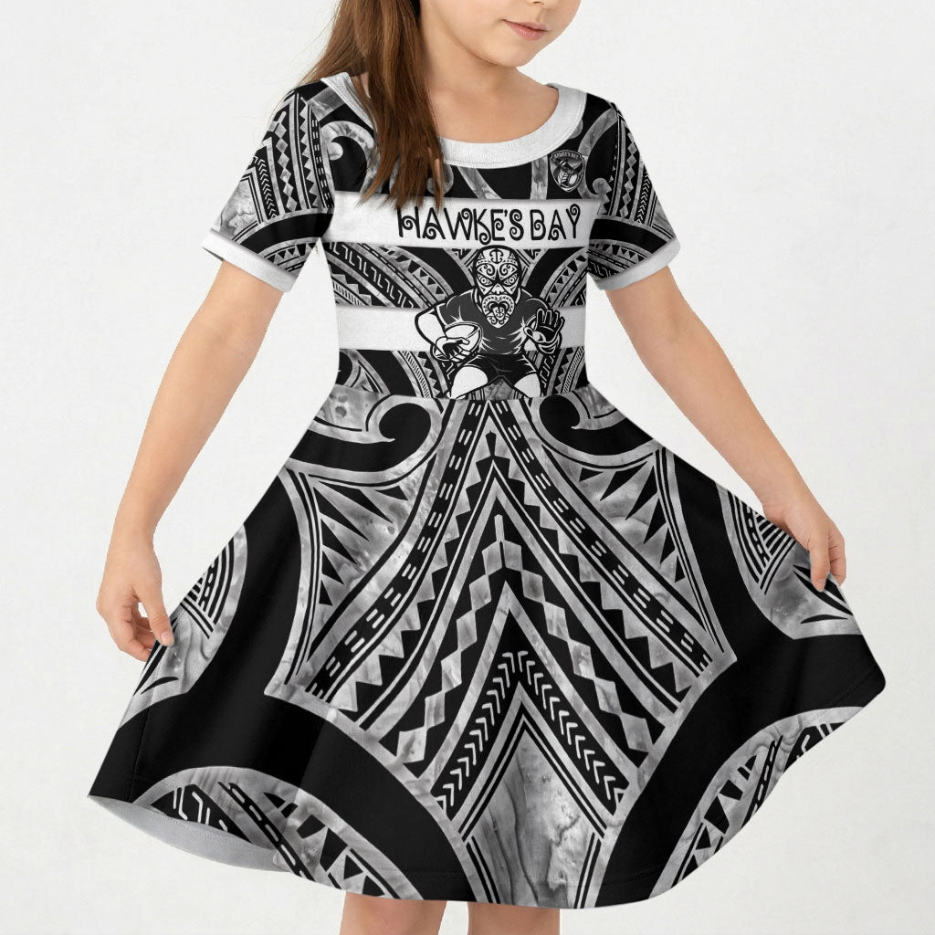 Hawke's Bay Custom Rugby New Zealand Kid Short Sleeve Dress Aotearoa Maori Pukana Tiki Mascot