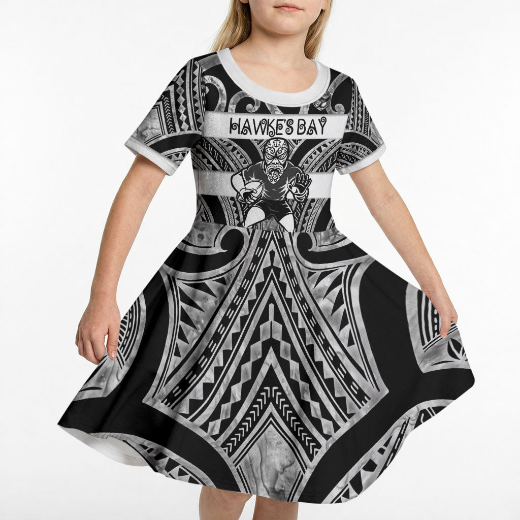 Hawke's Bay Custom Rugby New Zealand Kid Short Sleeve Dress Aotearoa Maori Pukana Tiki Mascot