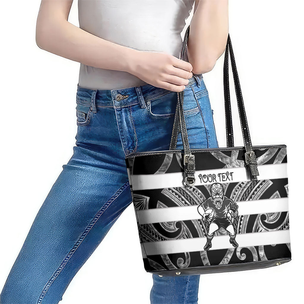 Hawke's Bay Custom Rugby New Zealand Leather Tote Bag Aotearoa Maori Pukana Tiki Mascot