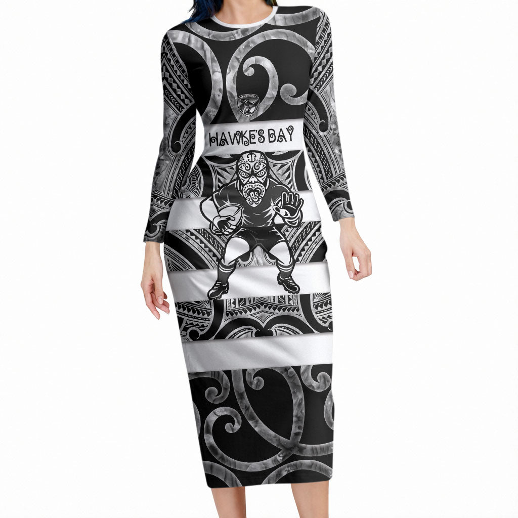 Hawke's Bay Custom Rugby New Zealand Long Sleeve Bodycon Dress Aotearoa Maori Pukana Tiki Mascot
