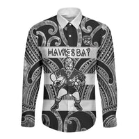 Hawke's Bay Custom Rugby New Zealand Long Sleeve Button Shirt Aotearoa Maori Pukana Tiki Mascot