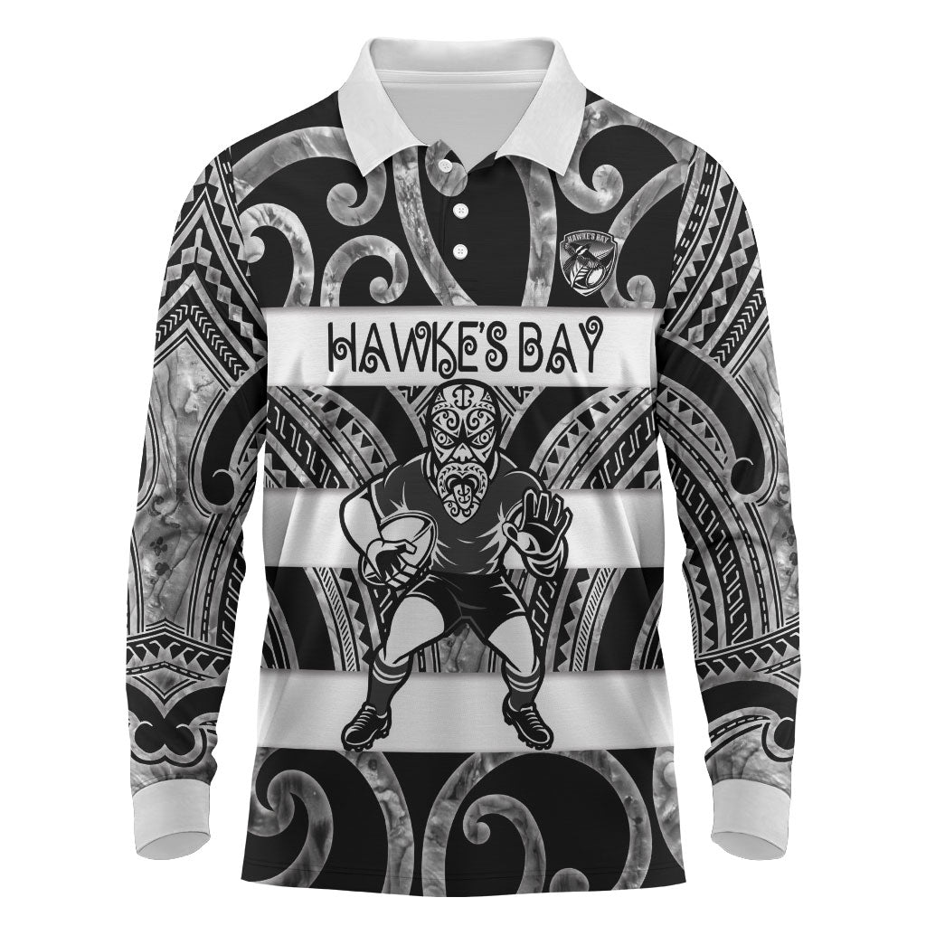 Hawke's Bay Custom Rugby New Zealand Long Sleeve Polo Shirt Aotearoa Maori Pukana Tiki Mascot