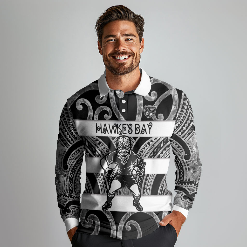 Hawke's Bay Custom Rugby New Zealand Long Sleeve Polo Shirt Aotearoa Maori Pukana Tiki Mascot