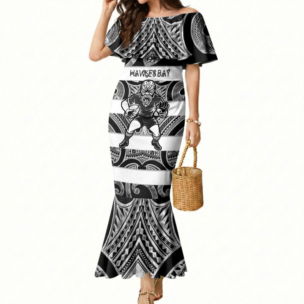 Hawke's Bay Custom Rugby New Zealand Mermaid Dress Aotearoa Maori Pukana Tiki Mascot