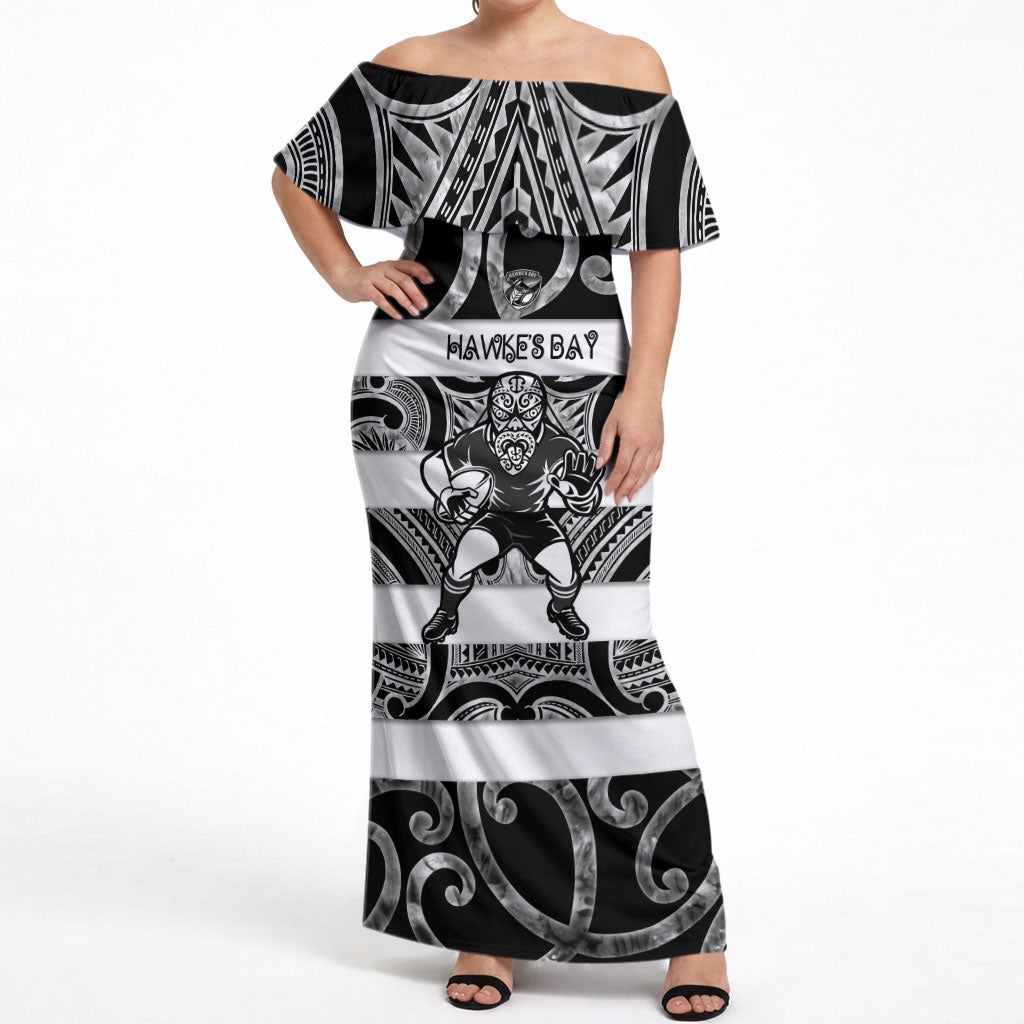 Hawke's Bay Custom Rugby New Zealand Off Shoulder Maxi Dress Aotearoa Maori Pukana Tiki Mascot