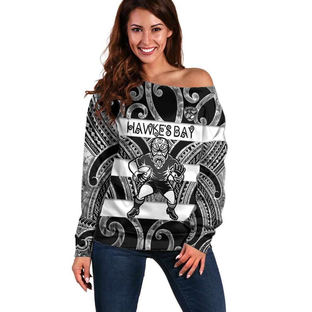 Hawke's Bay Custom Rugby New Zealand Off Shoulder Sweater Aotearoa Maori Pukana Tiki Mascot