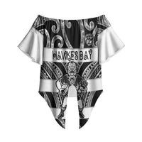 Hawke's Bay Custom Rugby New Zealand Off Shoulder Wrap Waist Top Aotearoa Maori Pukana Tiki Mascot