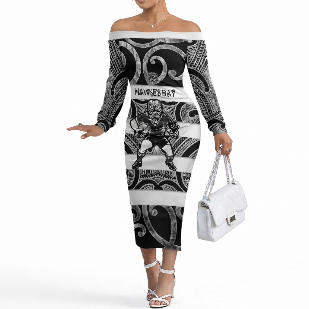 Hawke's Bay Custom Rugby New Zealand Off The Shoulder Long Sleeve Dress Aotearoa Maori Pukana Tiki Mascot