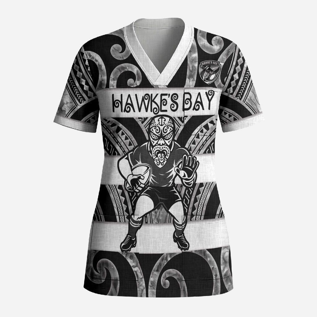Hawke's Bay Custom Rugby New Zealand Scrub Top Aotearoa Maori Pukana Tiki Mascot