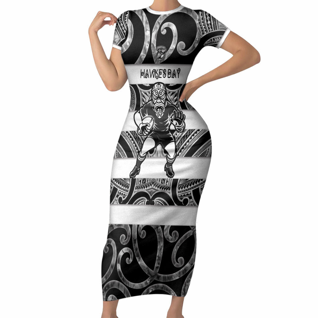 Hawke's Bay Custom Rugby New Zealand Short Sleeve Bodycon Dress Aotearoa Maori Pukana Tiki Mascot