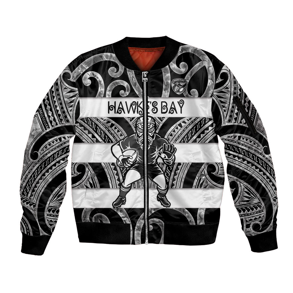 Hawke's Bay Custom Rugby New Zealand Sleeve Zip Bomber Jacket Aotearoa Maori Pukana Tiki Mascot
