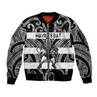 Hawke's Bay Custom Rugby New Zealand Sleeve Zip Bomber Jacket Aotearoa Maori Pukana Tiki Mascot
