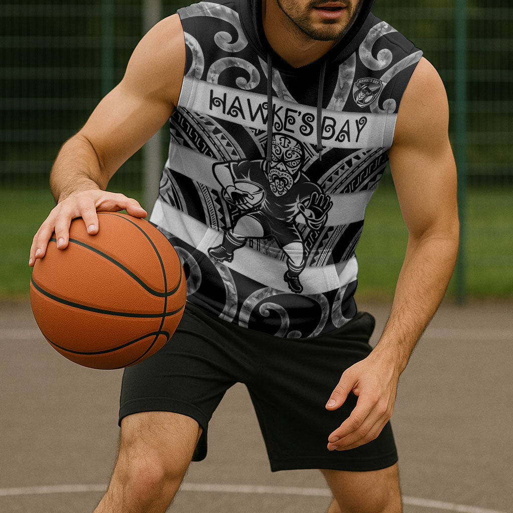 Hawke's Bay Custom Rugby New Zealand Sleeveless Hoodie Aotearoa Maori Pukana Tiki Mascot