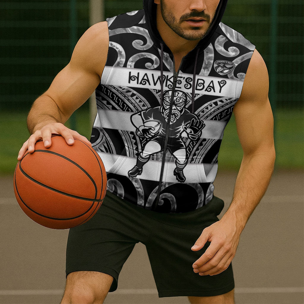 Hawke's Bay Custom Rugby New Zealand Sleeveless Zip Hoodie Aotearoa Maori Pukana Tiki Mascot