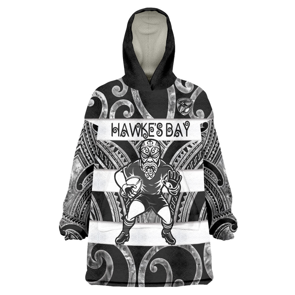 Hawke's Bay Custom Rugby New Zealand Wearable Blanket Hoodie Aotearoa Maori Pukana Tiki Mascot