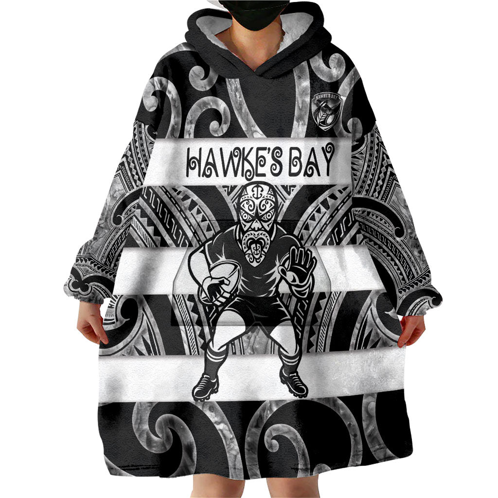Hawke's Bay Custom Rugby New Zealand Wearable Blanket Hoodie Aotearoa Maori Pukana Tiki Mascot