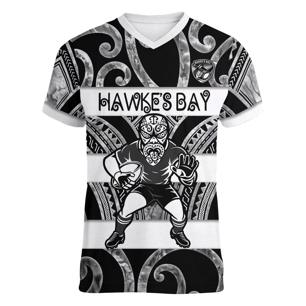 Hawke's Bay Custom Rugby New Zealand Women V-Neck T-Shirt Aotearoa Maori Pukana Tiki Mascot