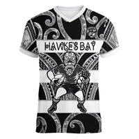 Hawke's Bay Custom Rugby New Zealand Women V-Neck T-Shirt Aotearoa Maori Pukana Tiki Mascot