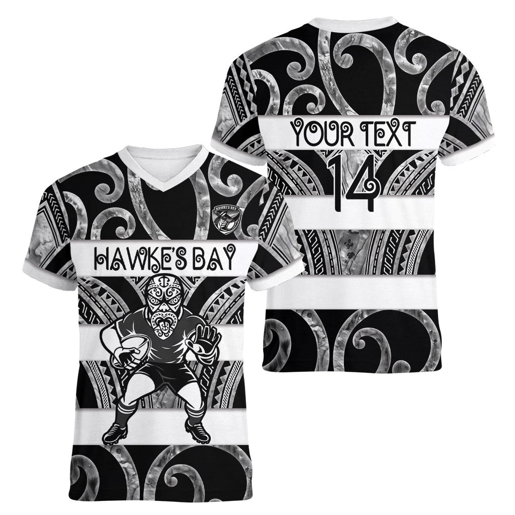 Hawke's Bay Custom Rugby New Zealand Women V-Neck T-Shirt Aotearoa Maori Pukana Tiki Mascot