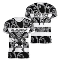 Hawke's Bay Custom Rugby New Zealand Women V-Neck T-Shirt Aotearoa Maori Pukana Tiki Mascot