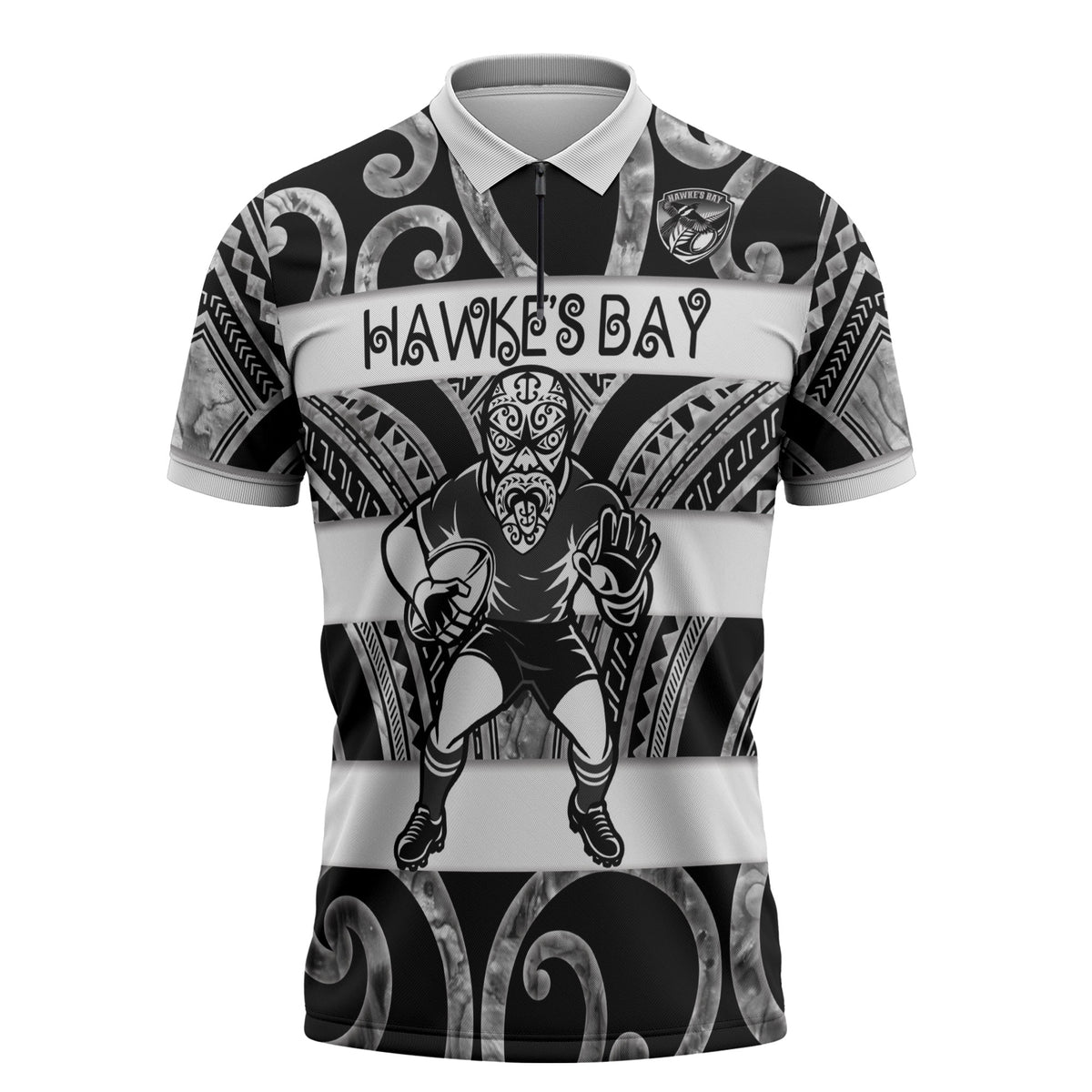 Hawke's Bay Custom Rugby New Zealand Zipper Polo Shirt Aotearoa Maori Pukana Tiki Mascot