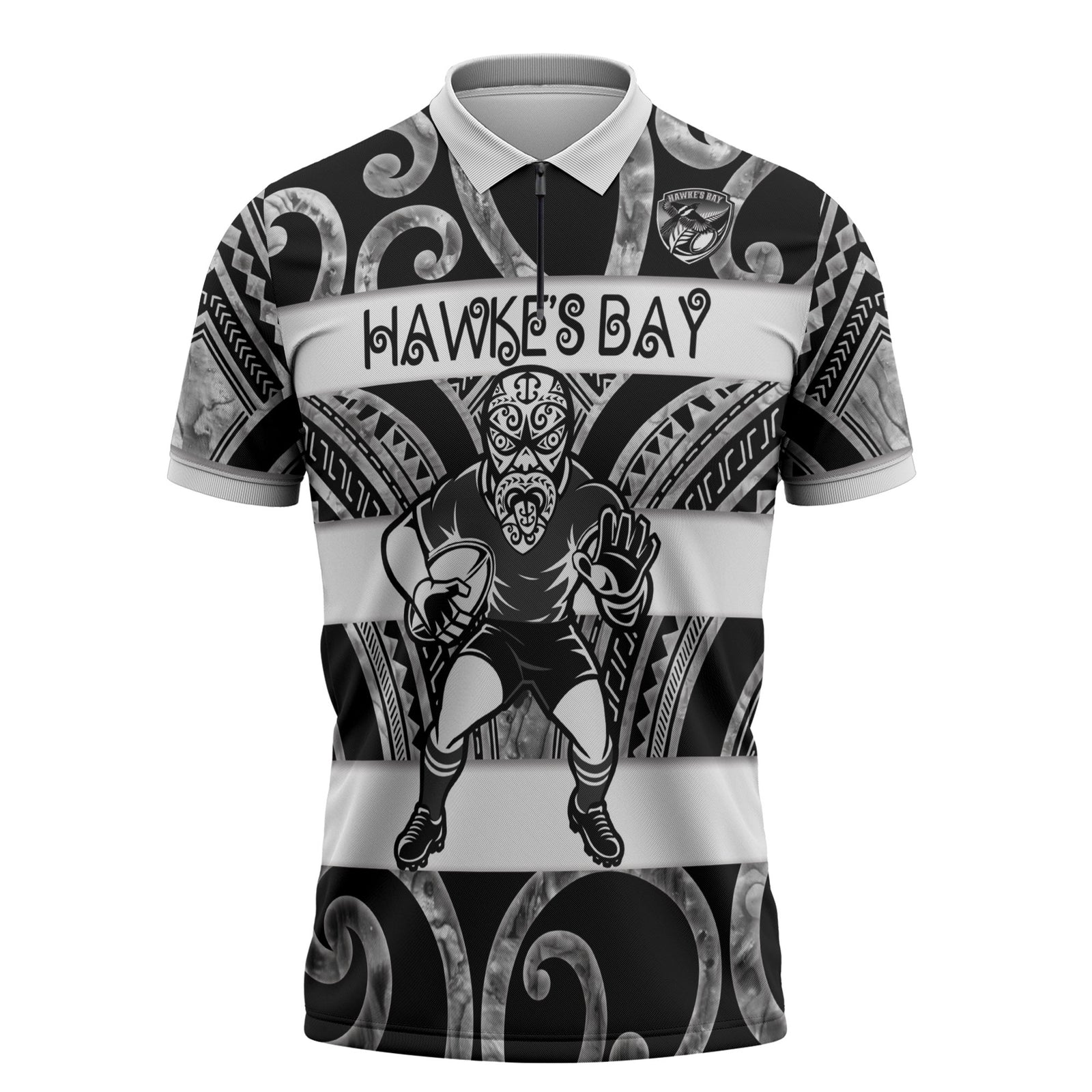 Hawke's Bay Custom Rugby New Zealand Zipper Polo Shirt Aotearoa Maori Pukana Tiki Mascot