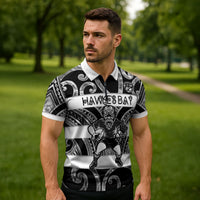 Hawke's Bay Custom Rugby New Zealand Zipper Polo Shirt Aotearoa Maori Pukana Tiki Mascot